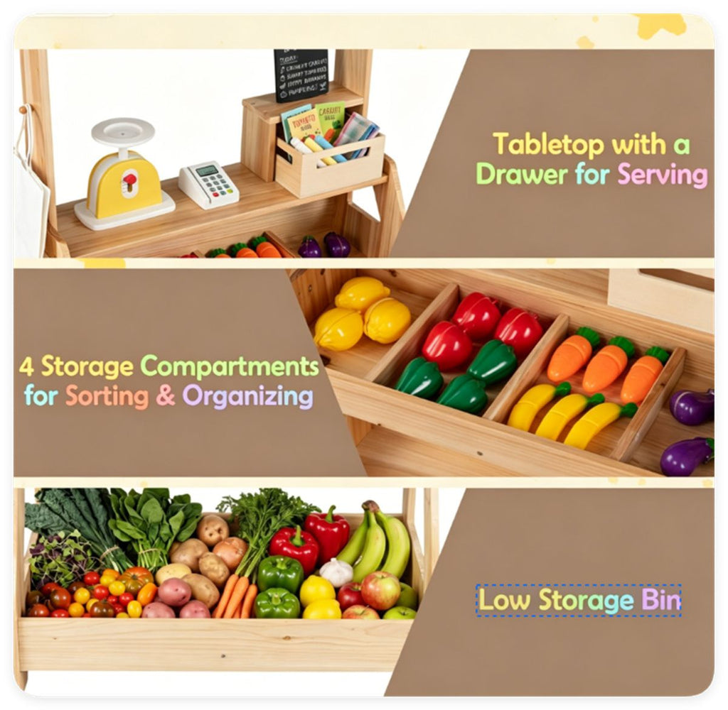 inQ Boutique - 2-in-1 Kids Outdoor Mud Kitchen & Farmers Market Stand, Carbonized Fir Wood Pretend Grocery Store with 25 Pcs Play Food Accessories Double Chalkboards Planter Box