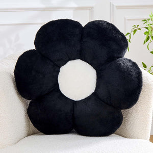 Bright Living - Black Flower Pillow, Cute Decorative Flower Shaped Throw Pillow with Faux Rabbit Fur, 14.9'' Soft Daisy Plush Floor Cushion Aesthetic Room Decor for Bed Sofa Couch