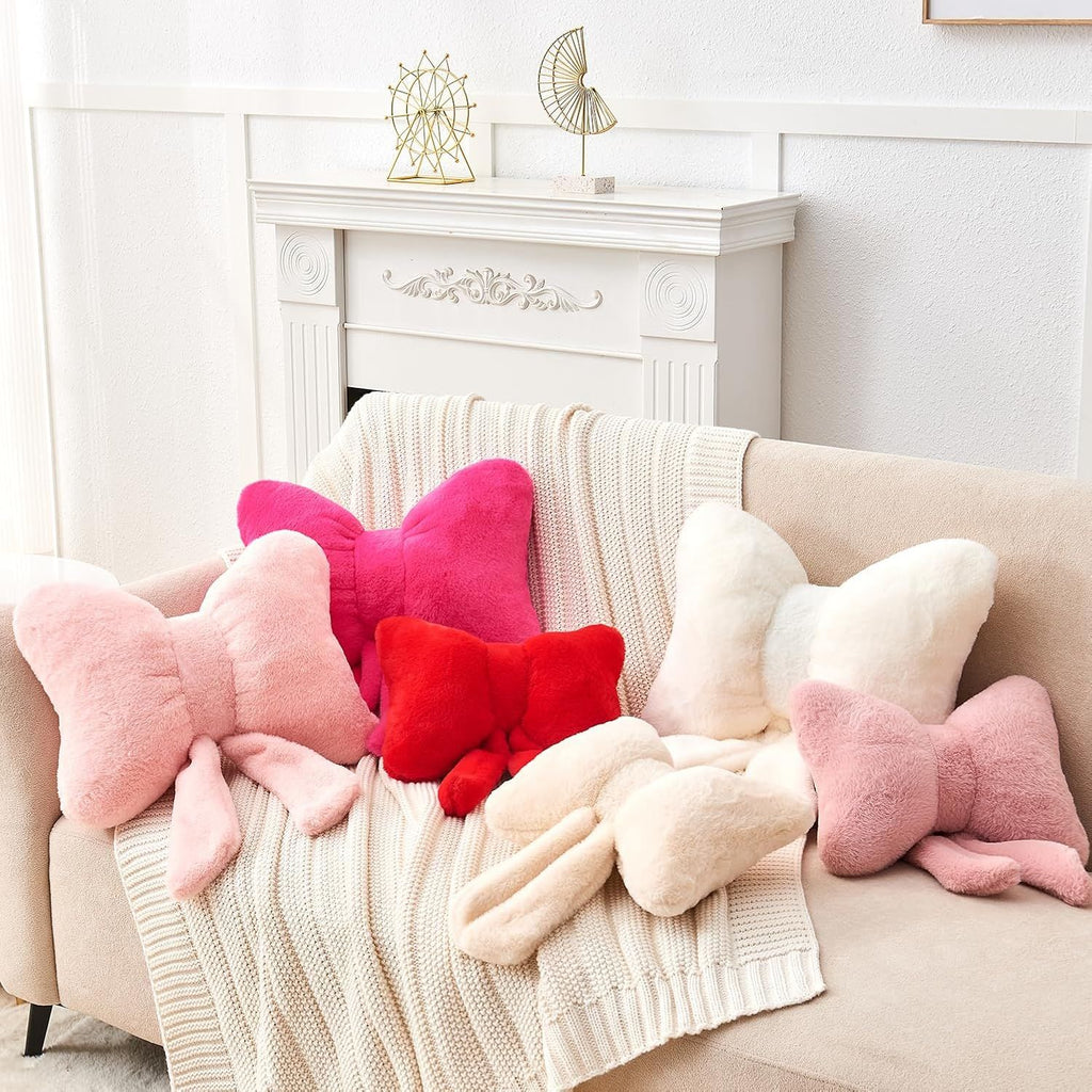 Bright Living - Ivory Bow Pillow,16'' Bow Decorative Pillows with Faux Rabbit Fur,Soft Bow Throw Pillows Aesthetic Bow Shaped Pillow for Bed Sofa Couch Home Decor