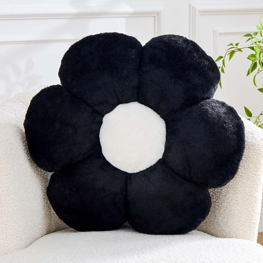 Bright Living - Black Flower Pillow, Cute Decorative Flower Shaped Throw Pillow with Faux Rabbit Fur, 17.7'' Soft Daisy Plush Floor Cushion Aesthetic Room Decor for Bed Sofa Couch