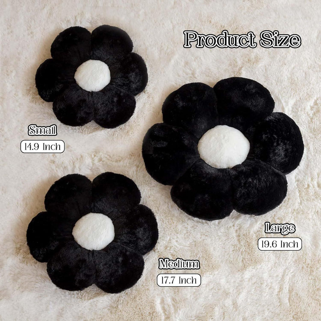Bright Living - Black Flower Pillow, Cute Decorative Flower Shaped Throw Pillow with Faux Rabbit Fur, 17.7'' Soft Daisy Plush Floor Cushion Aesthetic Room Decor for Bed Sofa Couch