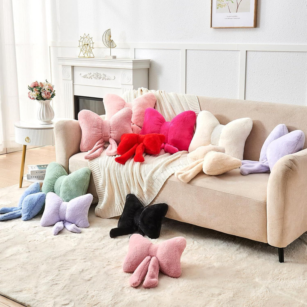 Bright Living - Dusty Blue Bow Pillow,12'' Bow Decorative Pillows with Faux Rabbit Fur,Soft Bow Throw Pillows Aesthetic Bow Shaped Pillow for Bed Sofa Couch Home Decor