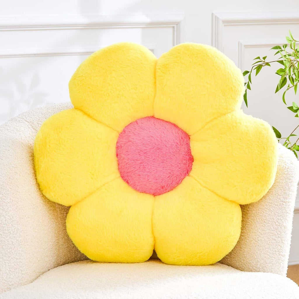 Bright Living - Flower Pillow Cute Decorative Throw Pillow with Faux Rabbit Fur Soft Daisy Plush Floor Cushion Aesthetic Flower Shaped Pillow Home Decor for Bed Sofa Couch (Yellow 14.9 Inch)