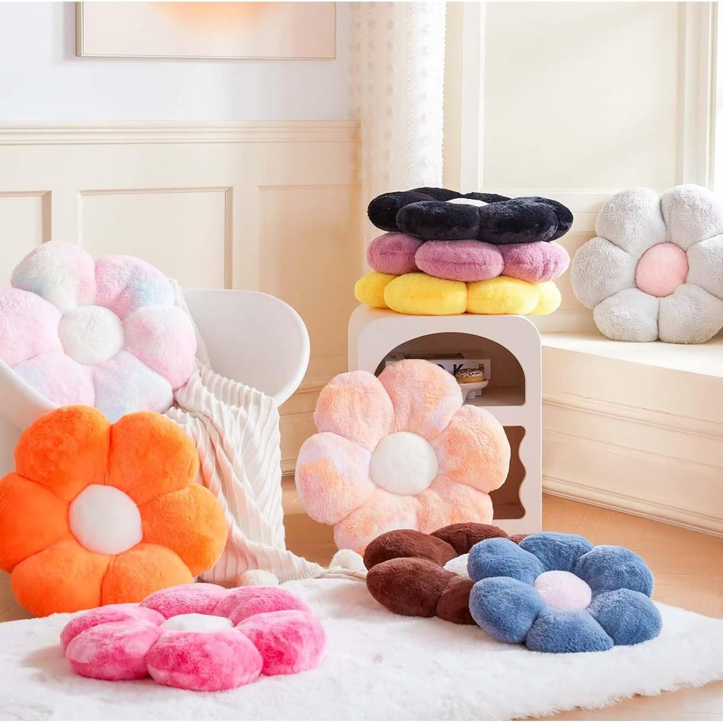 Bright Living - Flower Pillow Cute Decorative Throw Pillow with Faux Rabbit Fur Soft Daisy Plush Floor Cushion Aesthetic Flower Shaped Pillow Home Decor for Bed Sofa Couch (Yellow 14.9 Inch)