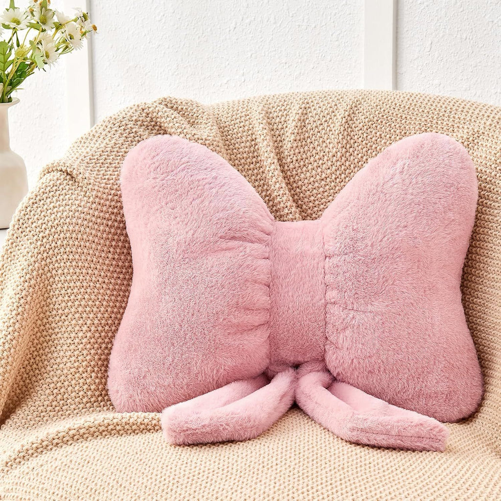 Bright Living - Dusty Pink Bow Pillow,12'' Bow Decorative Pillows with Faux Rabbit Fur,Soft Bow Throw Pillows Aesthetic Bow Shaped Pillow for Bed Sofa Couch Home Decor