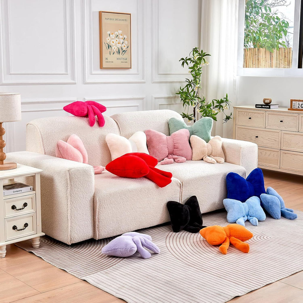 Bright Living - Ivory Bow Pillow, Soft Bow Decorative Pillows with Faux Rabbit Fur, Cute 12'' Bow Throw Pillows, Aesthetic Home Decor Bow Shaped Plush Pillow for Bedroom Sofa Couch
