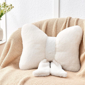 Bright Living - Ivory Bow Pillow,12'' Bow Decorative Pillows with Faux Rabbit Fur,Soft Bow Throw Pillows Aesthetic Bow Shaped Pillow for Bed Sofa Couch Home Decor
