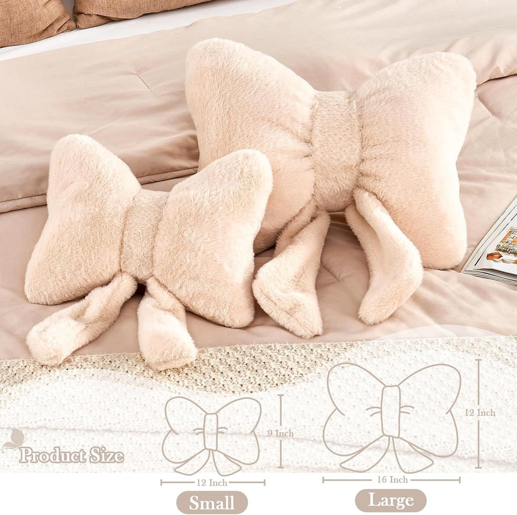Bright Living - Beige Bow Pillow, Soft Bow Decorative Pillows with Faux Rabbit Fur, Cute 16'' Bow Throw Pillows, Aesthetic Home Decor Bow Shaped Plush Pillow for Bedroom Sofa Couch