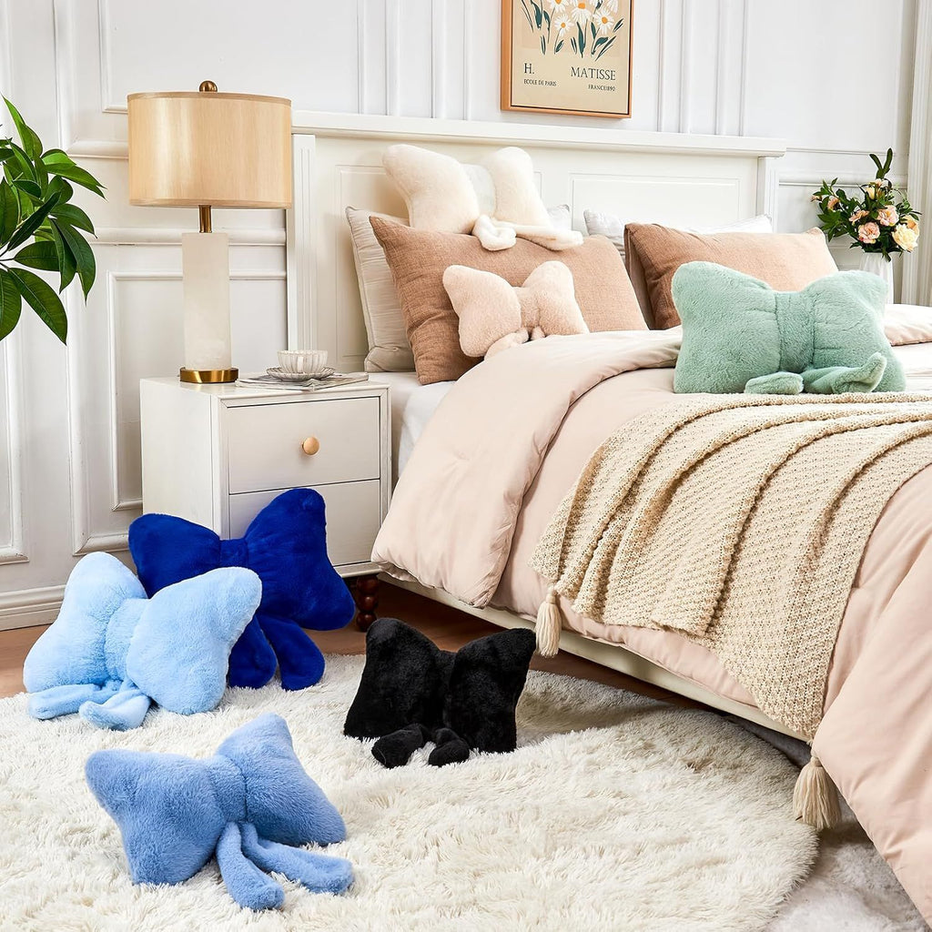 Bright Living - Beige Bow Pillow, Soft Bow Decorative Pillows with Faux Rabbit Fur, Cute 16'' Bow Throw Pillows, Aesthetic Home Decor Bow Shaped Plush Pillow for Bedroom Sofa Couch