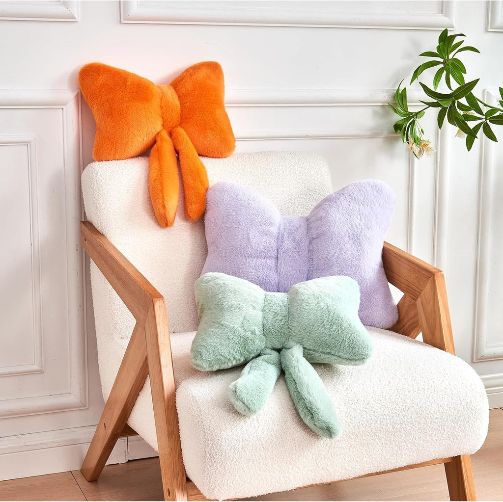 Bright Living - Lavender Bow Pillow, Soft Bow Decorative Pillows with Faux Rabbit Fur, Cute 12'' Bow Throw Pillows, Aesthetic Home Decor Bow Shaped Plush Pillow for Bedroom Sofa Couch
