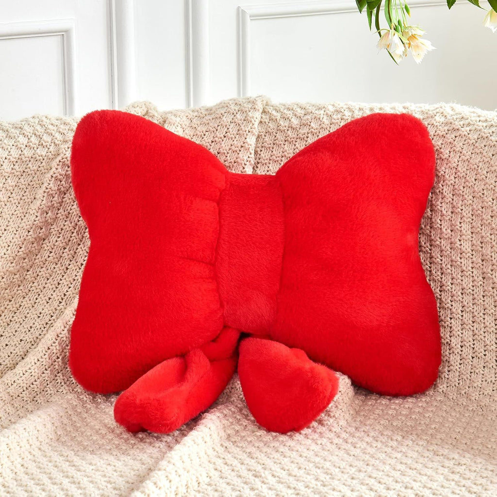 Bright Living - Red Bow Pillow, Soft Bow Decorative Pillows with Faux Rabbit Fur, Cute 12'' Bow Throw Pillows, Aesthetic Home Decor Bow Shaped Plush Pillow for Bedroom Sofa Couch