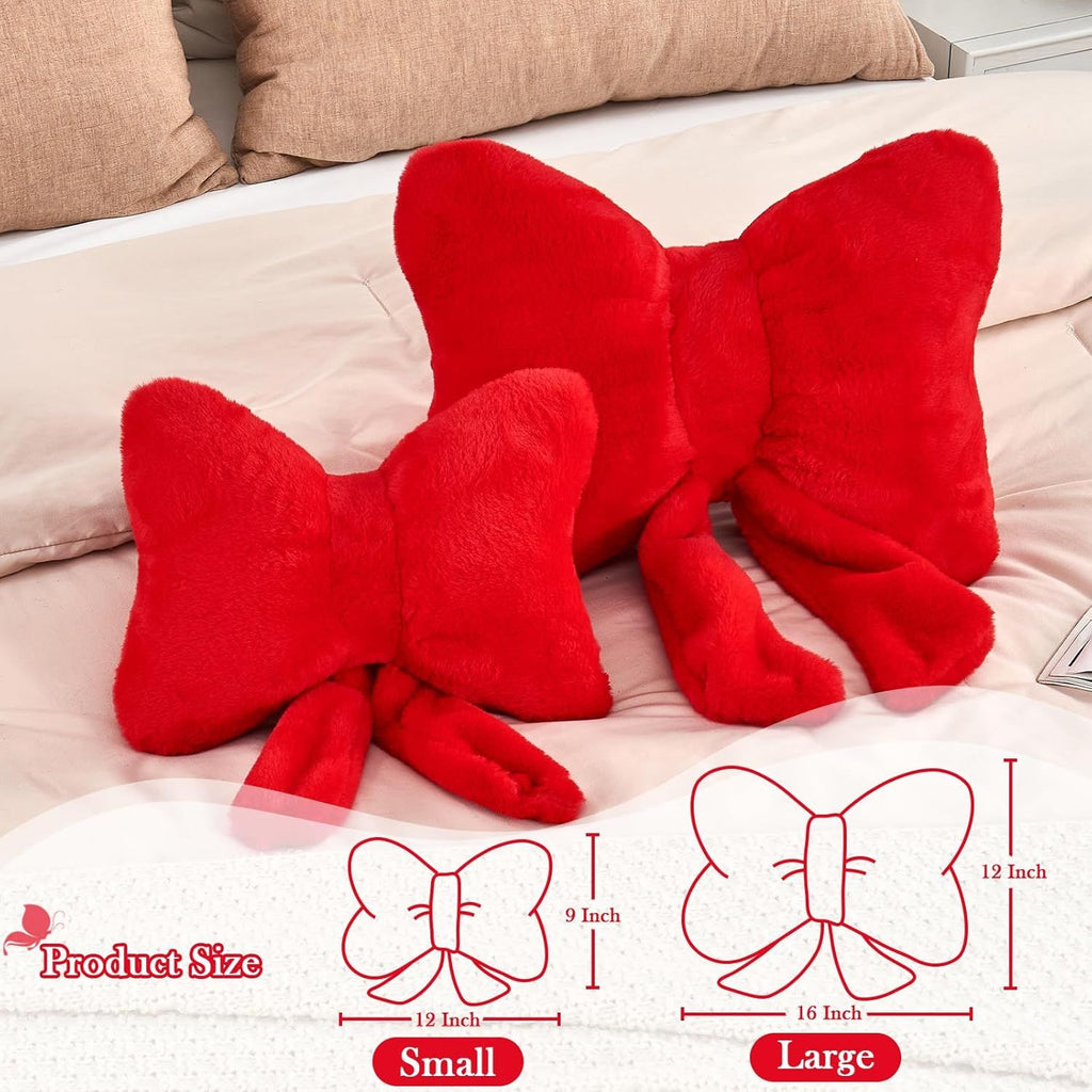 Bright Living - Red Bow Pillow, Soft Bow Decorative Pillows with Faux Rabbit Fur, Cute 12'' Bow Throw Pillows, Aesthetic Home Decor Bow Shaped Plush Pillow for Bedroom Sofa Couch