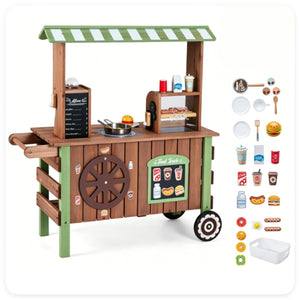 inQ Boutique - Toddler Wooden Play Food Truck Cart on Wheels, All-in-One Grocery Stand with Storage Cabinet Box, Realistic Kitchen Pretend Play Set for Social Skill & Fine Motor Development Ages 3+