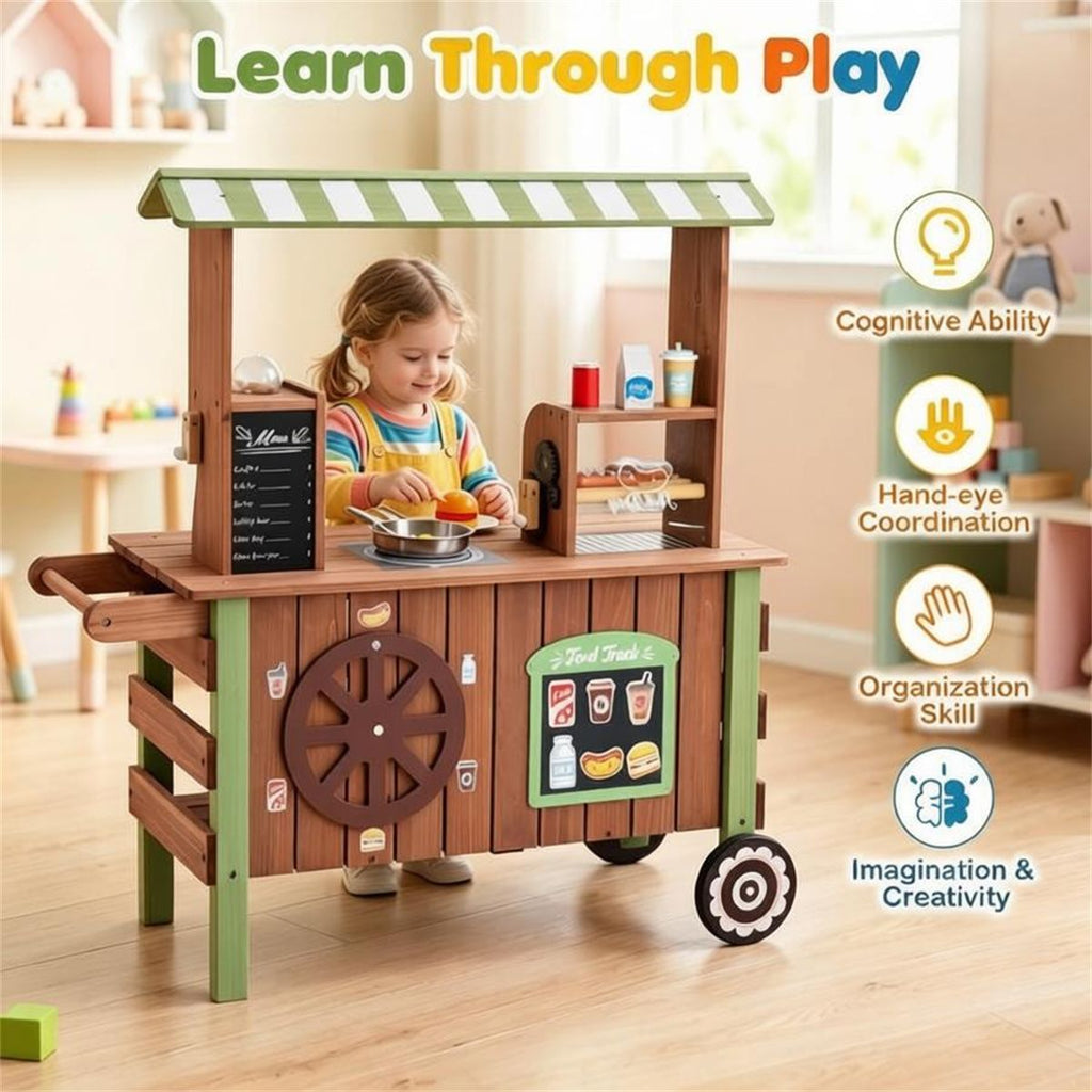inQ Boutique - Toddler Wooden Play Food Truck Cart on Wheels, All-in-One Grocery Stand with Storage Cabinet Box, Realistic Kitchen Pretend Play Set for Social Skill & Fine Motor Development Ages 3+