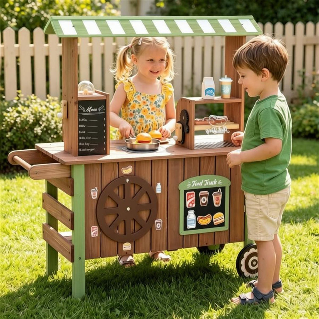 inQ Boutique - Toddler Wooden Play Food Truck Cart on Wheels, All-in-One Grocery Stand with Storage Cabinet Box, Realistic Kitchen Pretend Play Set for Social Skill & Fine Motor Development Ages 3+