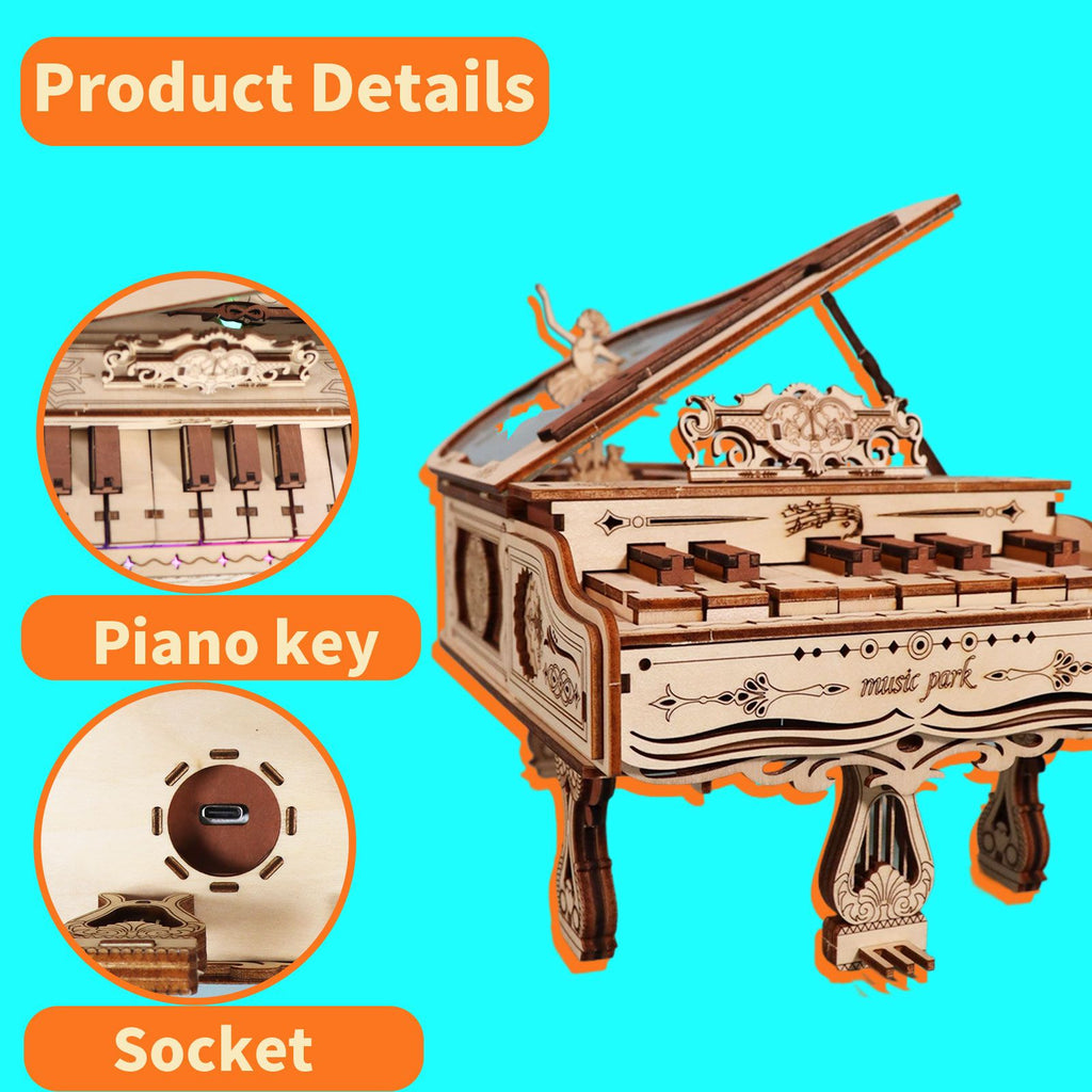 Music Park - 3d Wooden Puzzle Piano Can be played Handmade Assembly Model kit DIY Crafts Holidays birthdays Christmas Gifts