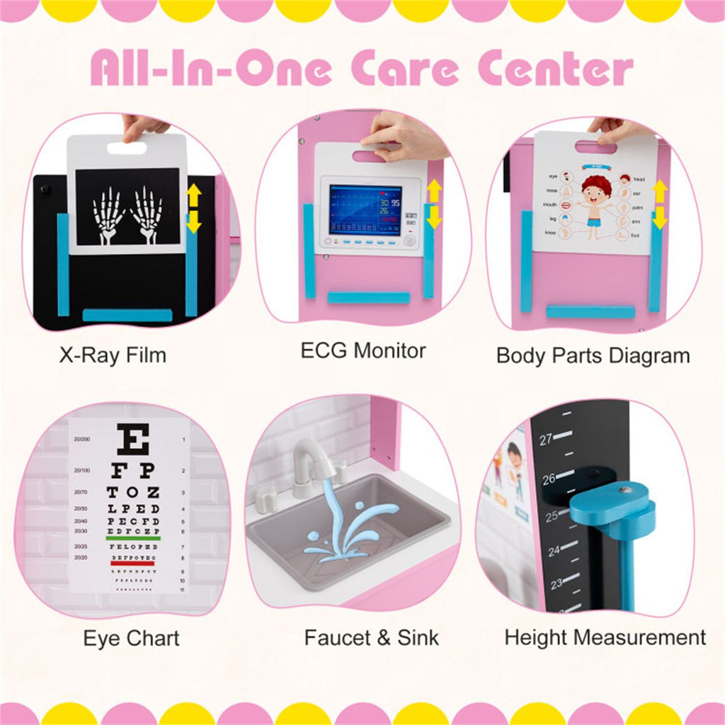 inQ Boutique - Pink Wooden Doctor Office Playset with X-ray ECG Monitor Sink Height Measurer for Toddlers 3-6