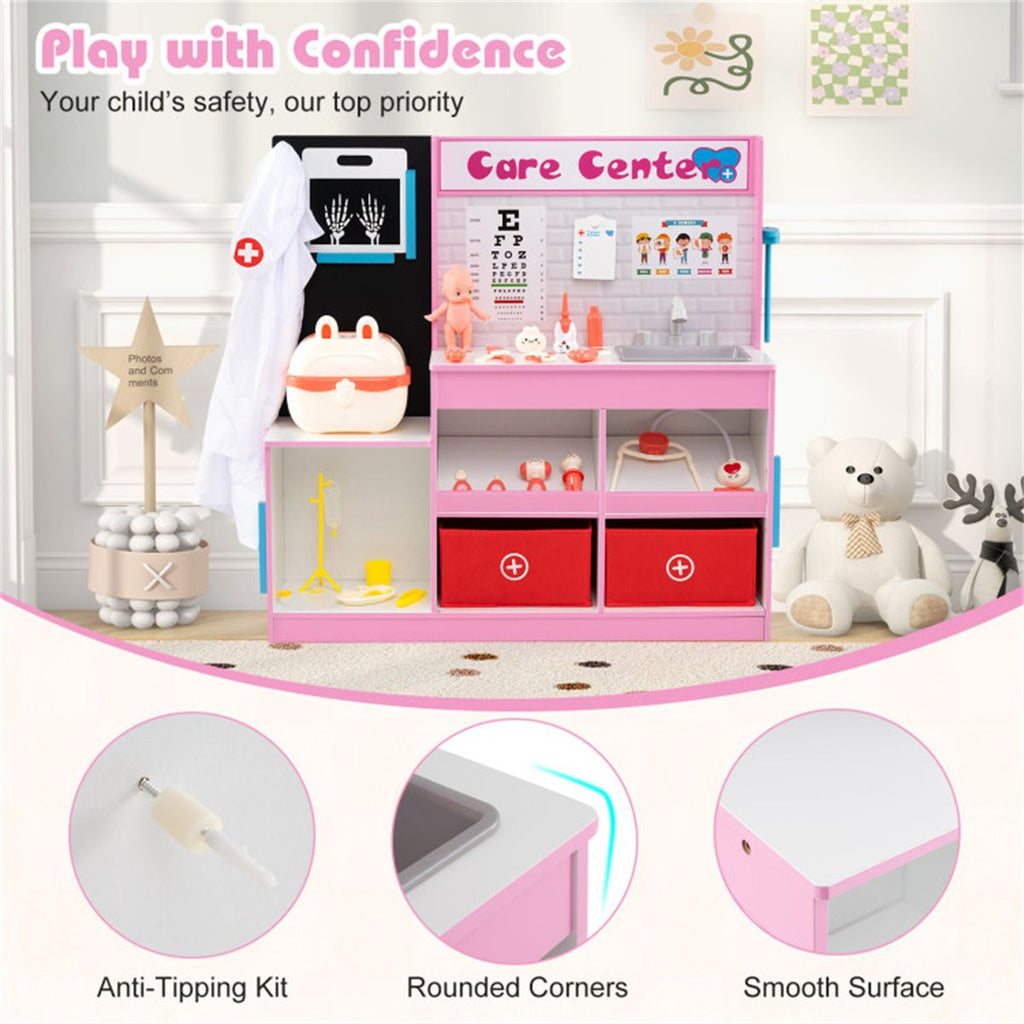 inQ Boutique - Pink Wooden Doctor Office Playset with X-ray ECG Monitor Sink Height Measurer for Toddlers 3-6