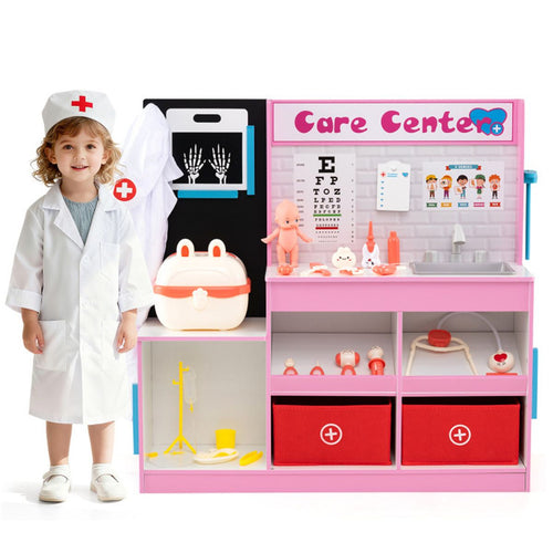 inQ Boutique - Pink Wooden Doctor Office Playset with X-ray ECG Monitor Sink Height Measurer for Toddlers 3-6
