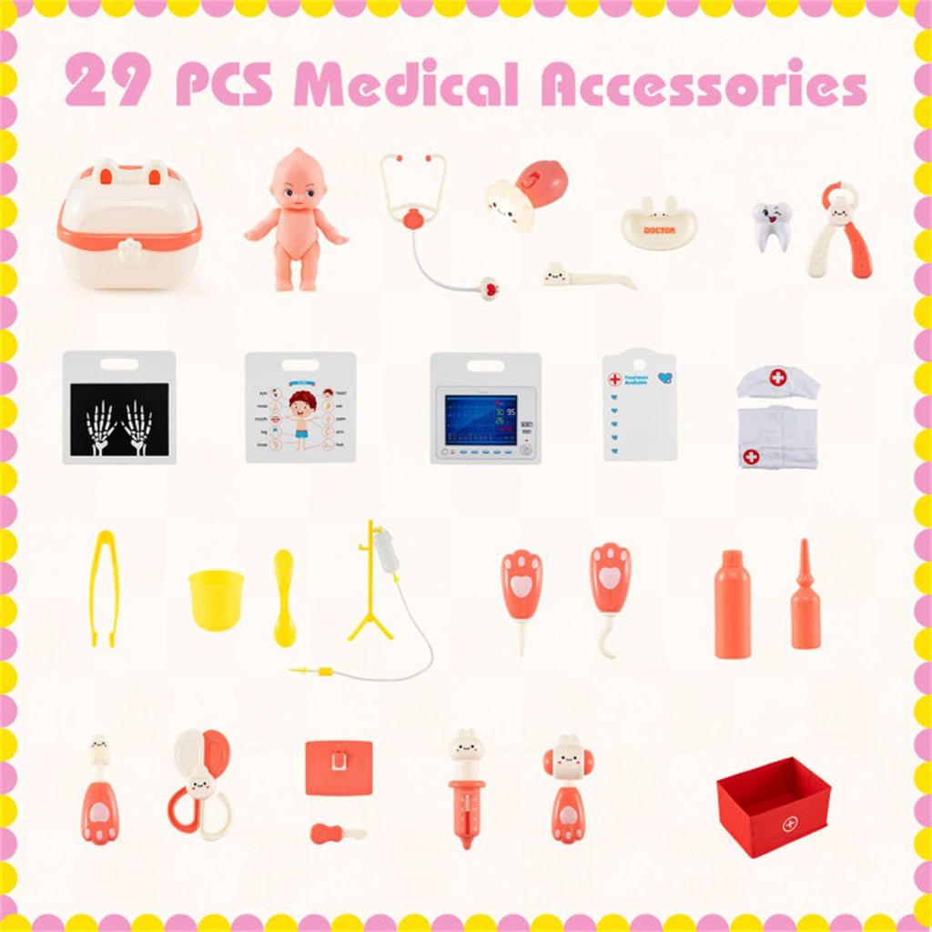 inQ Boutique - Pink Wooden Doctor Office Playset with X-ray ECG Monitor Sink Height Measurer for Toddlers 3-6
