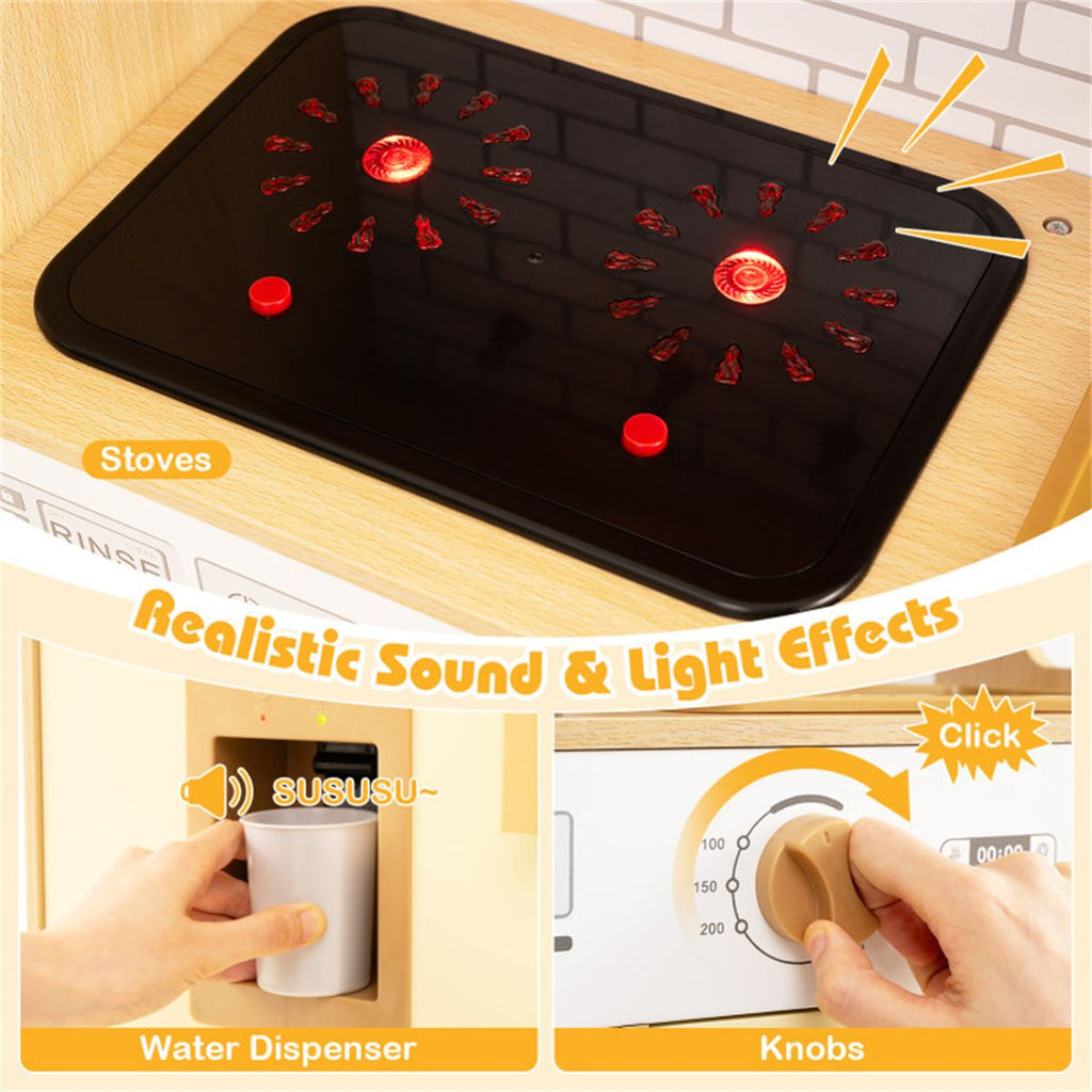 inQ Boutique - Kids Wooden Kitchen Playset 3+ with Fridge Sink Washing Machine with Realistic Light Sound Rattan Doors - Yellow