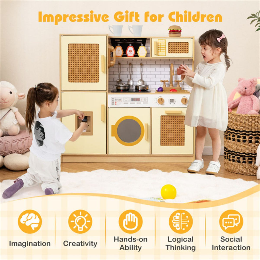 inQ Boutique - Kids Wooden Kitchen Playset 3+ with Fridge Sink Washing Machine with Realistic Light Sound Rattan Doors - Yellow