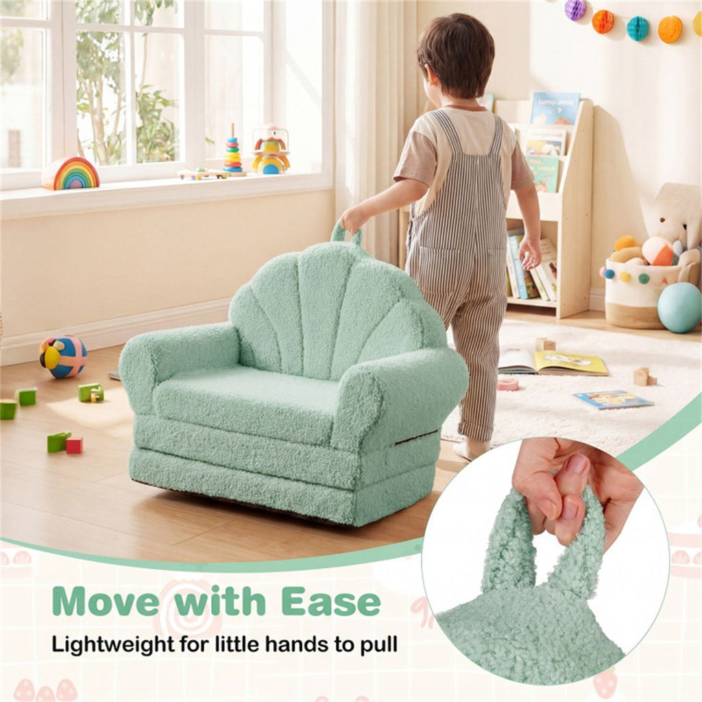 inQ Boutique - 2-in-1 Flip Open Kids Sofa Lounger, Teddy Fleece Toddler Couch with Carry Handle for Ages 3+ (Green)