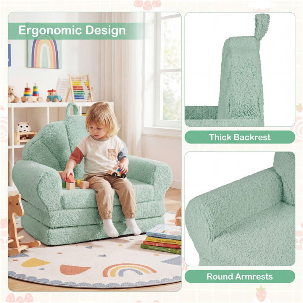 inQ Boutique - 2-in-1 Flip Open Kids Sofa Lounger, Teddy Fleece Toddler Couch with Carry Handle for Ages 3+ (Green)
