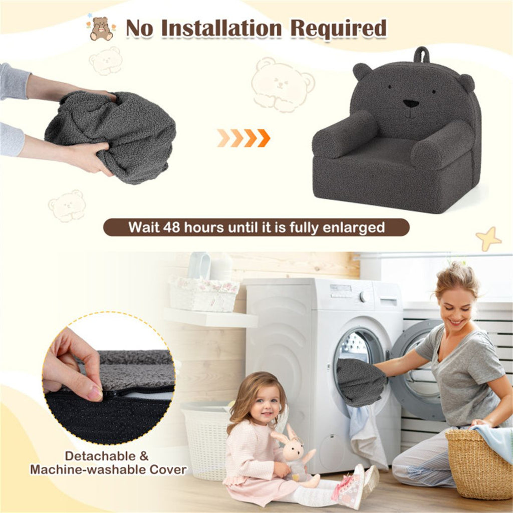 inQ Boutique - Bear-Shaped Kids Sofa, Teddy Fleece Foam Chair for Toddlers 3+, Portable Bear-Shaped Couch (Gray)