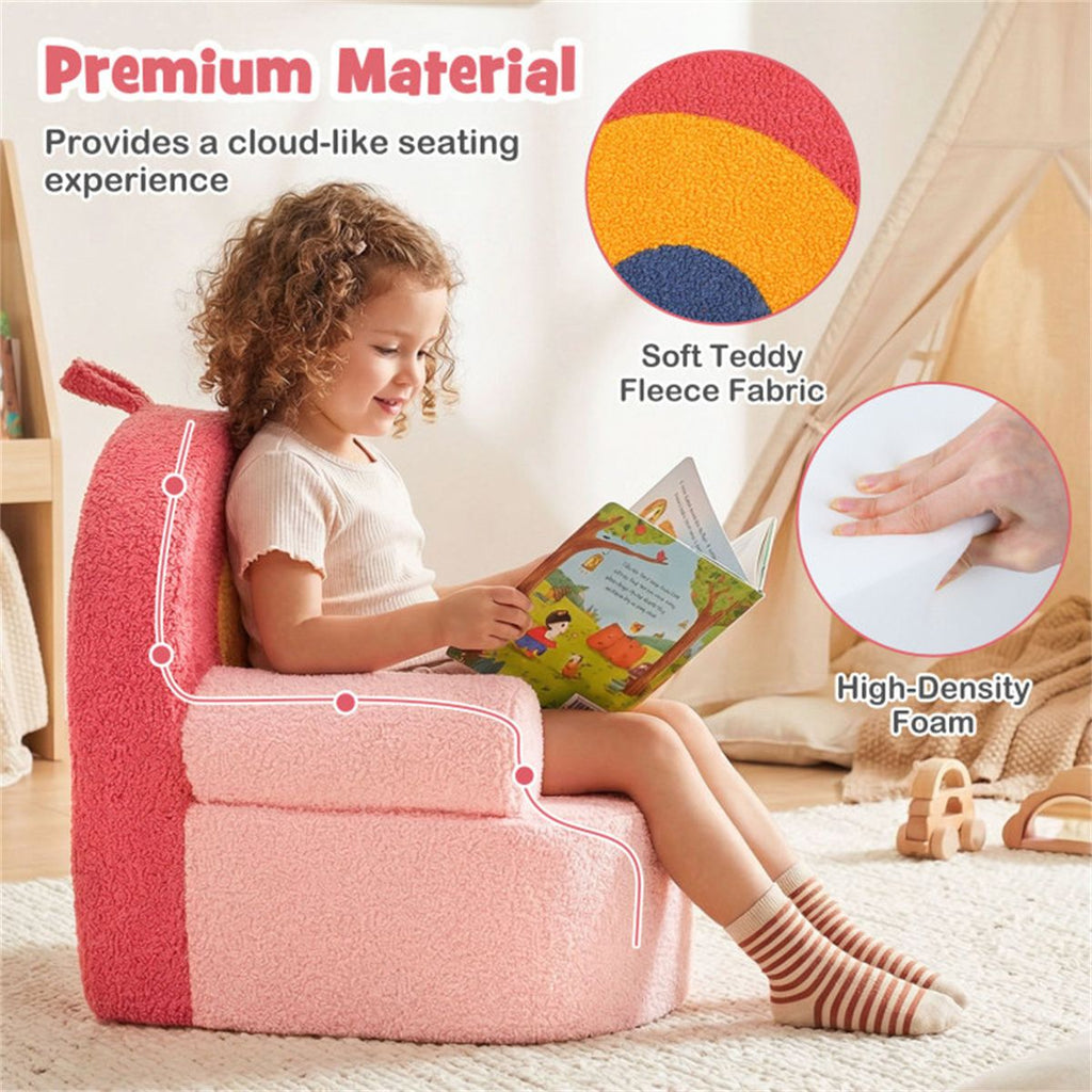 inQ Boutique - Red Kids Sofa, Soft Teddy Fleece Foam Couch with Carry Handle & Removable Machine-Washable Cover