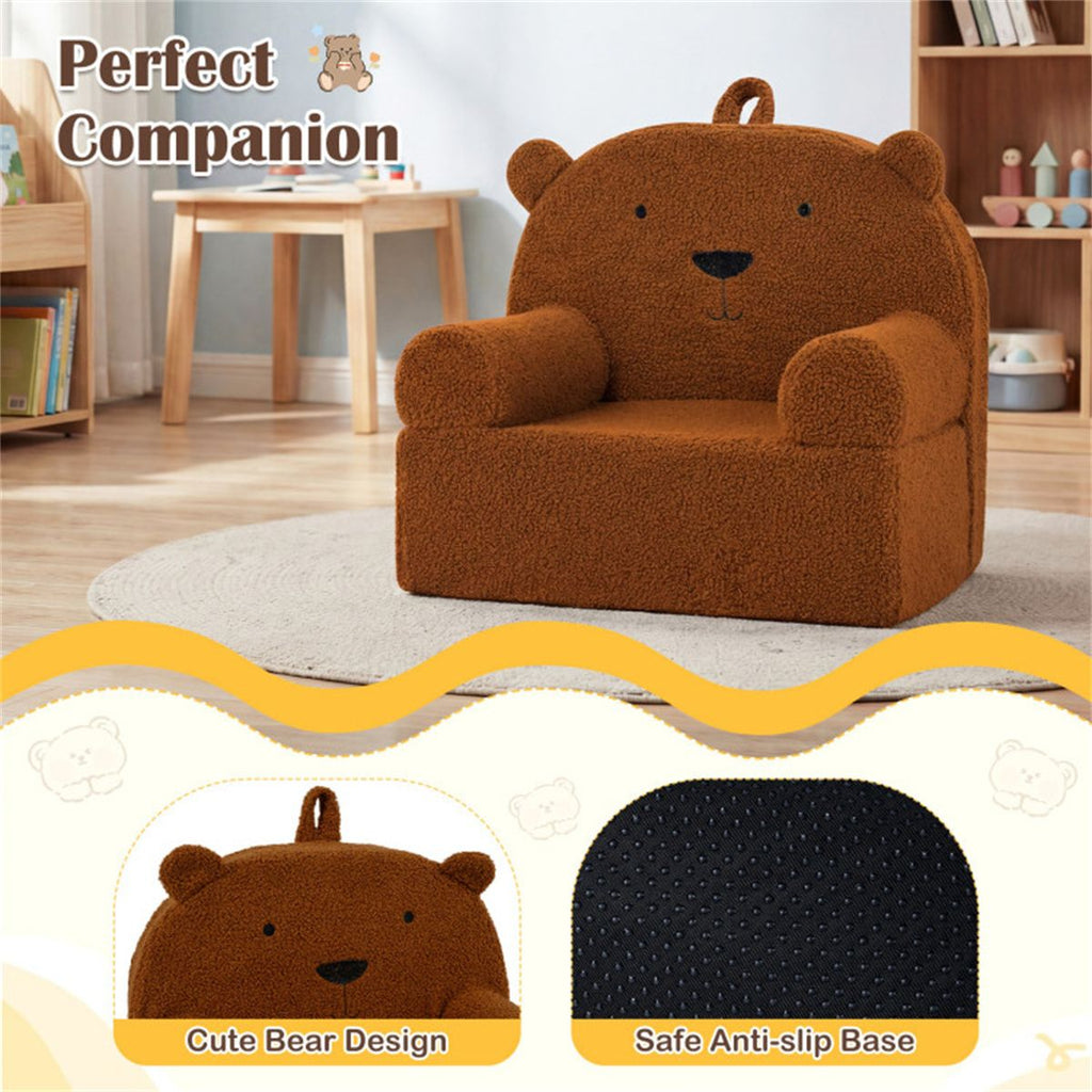inQ Boutique - Bear-Shaped Kids Sofa, Teddy Fleece Foam Chair for Toddlers 3+, Portable Bear-Shaped Couch (Brown)