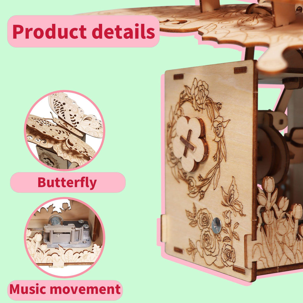 Music Park - 3d Wooden Puzzle Hand Butterfly Music Box You Are My Sunshine Handmade Assembly Model Kit Holidays Brthdays Christmas Gifts