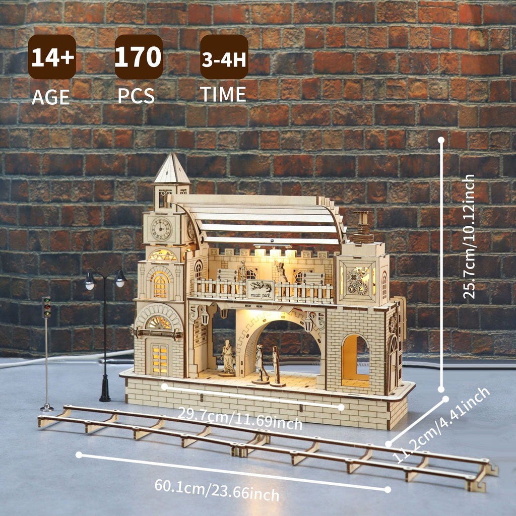 Music Park - 3D Wooden Puzzle Railway station Model Kits To Build Wooden Construction Handmade DIY Craft Unique Gift For Christmas