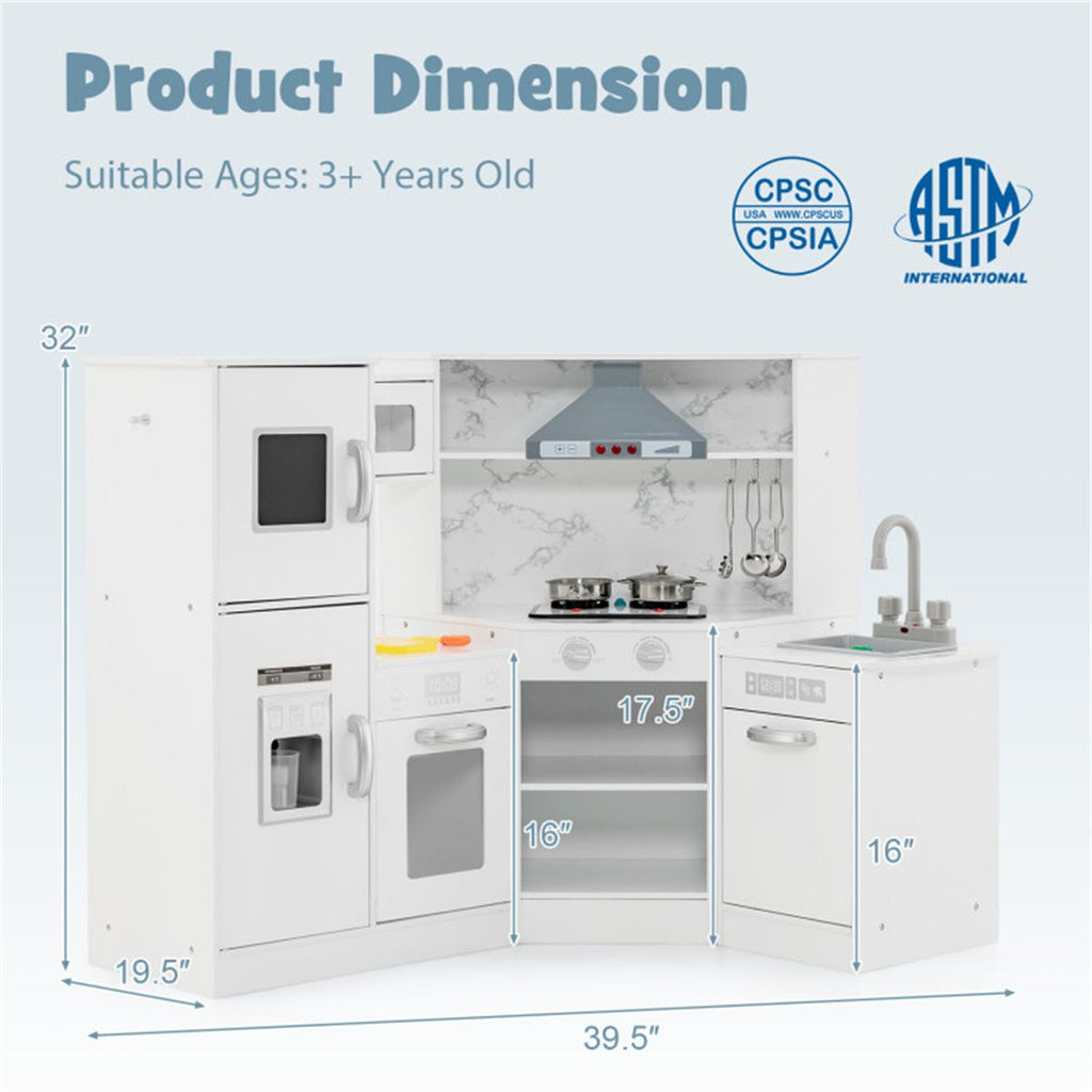 inQ Boutique - Interactive Kids Play Kitchen with Ice Maker & Chalkboard, Corner Design Pretend Cooking Set with Realistic Sound Effects-White