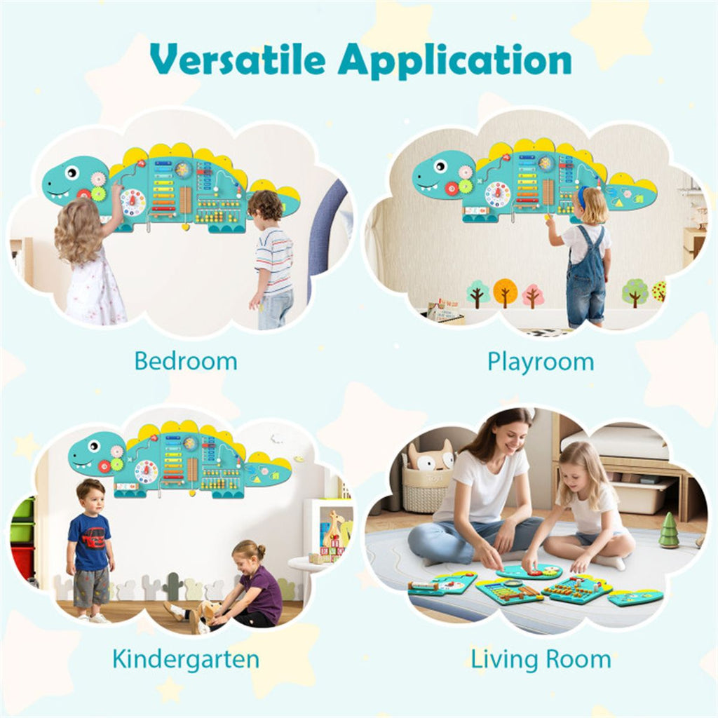 inQ Boutique - 11-in-1 Dinosaur Activity Wall Busy Board Panels-- Wooden Sensory Toy-Green
