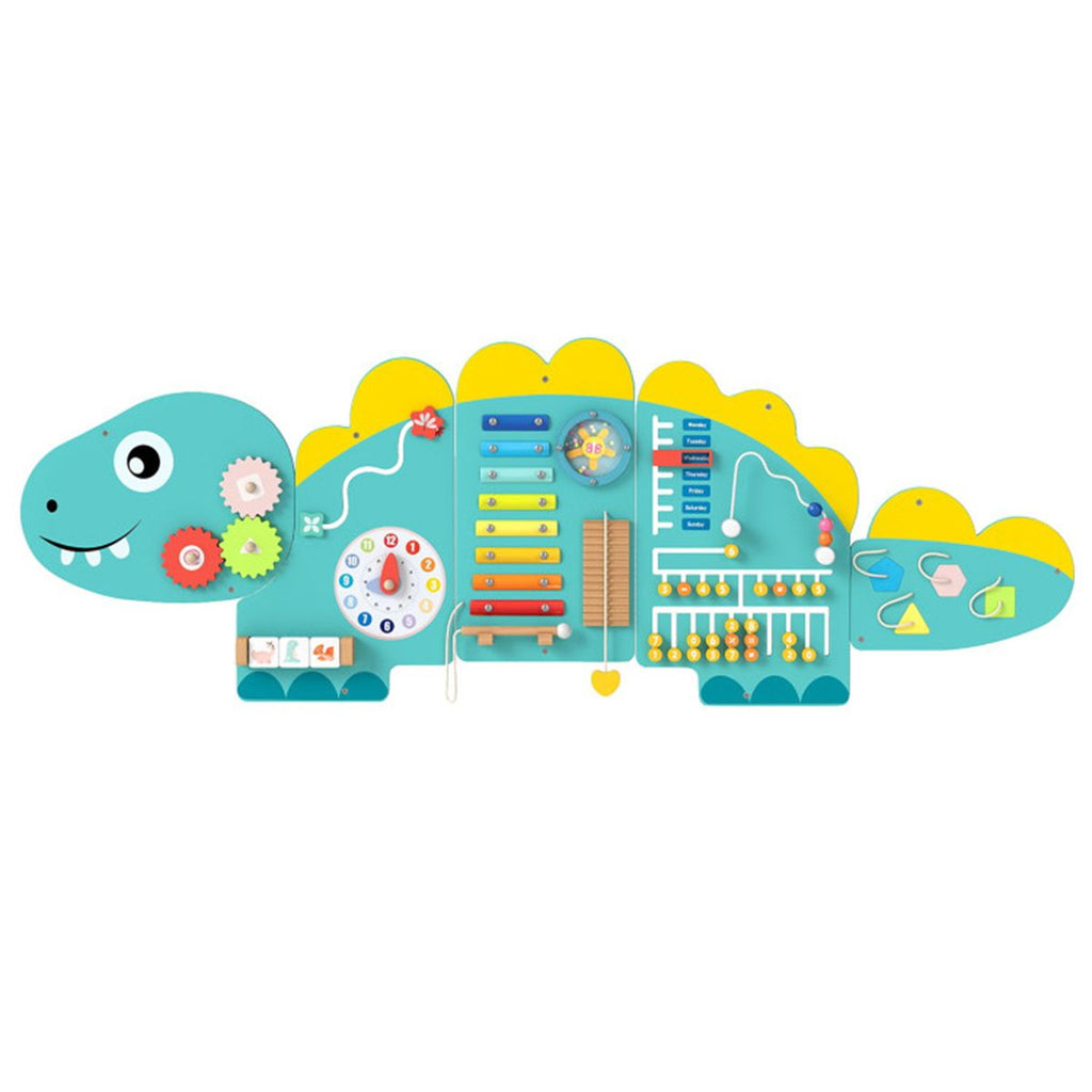 inQ Boutique - 11-in-1 Dinosaur Activity Wall Busy Board Panels-- Wooden Sensory Toy-Green