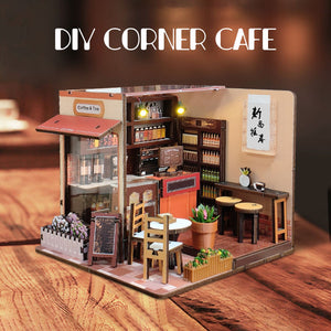 Music Park - 3d wooden puzzle for adults Corner Coffee Shop book nook with lights model kit dollhouse DIY miniature house Birthday and Christmas gifts