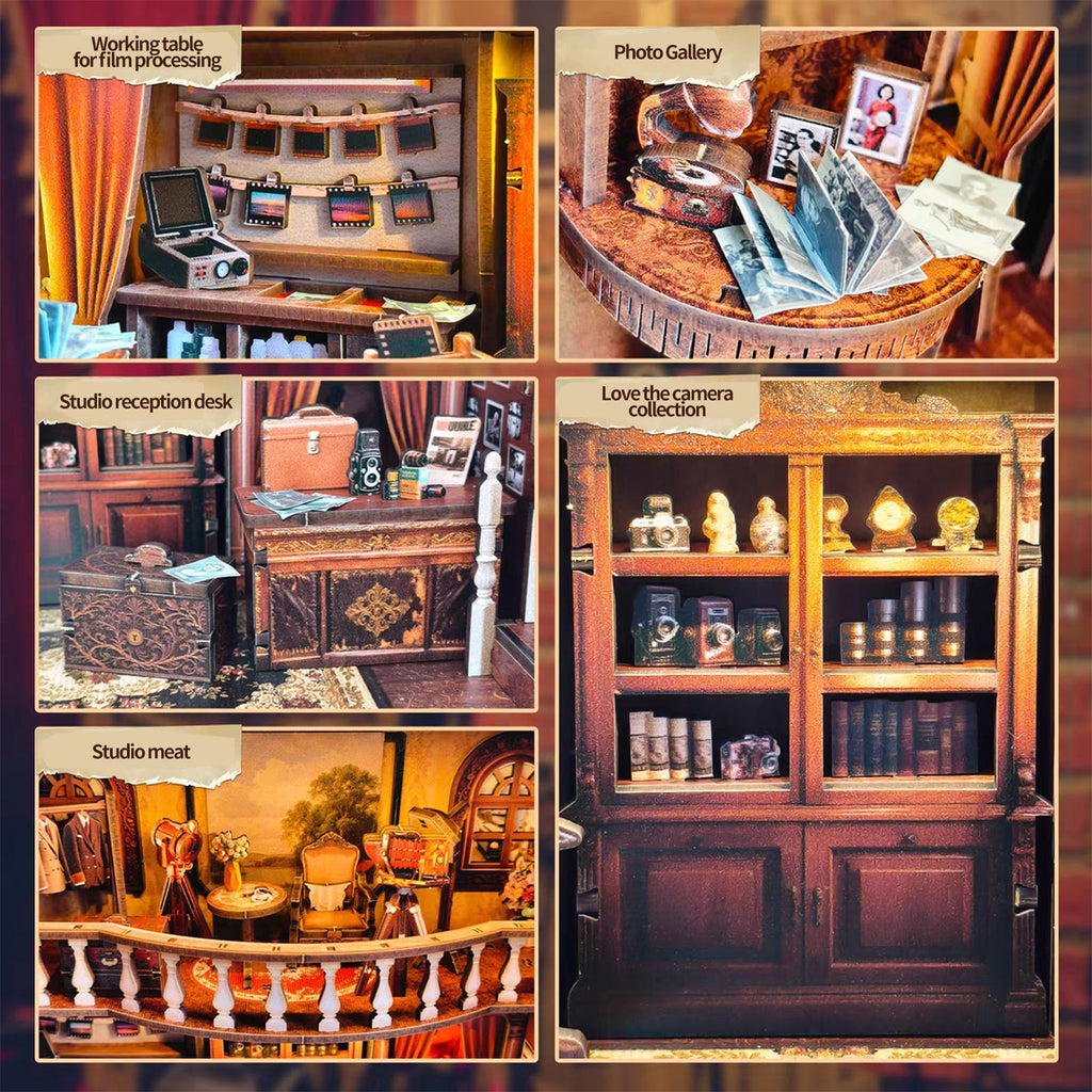 Music Park - 3d wooden puzzle for adults Nostalgia Photo Studio book nook with lights model kit dollhouse DIY miniature house Birthday and Christmas gifts
