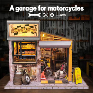 Music Park - 3d wooden puzzle for adults Moto Repair Garage book nook with lights model kit dollhouse DIY miniature house Birthday and Christmas gifts