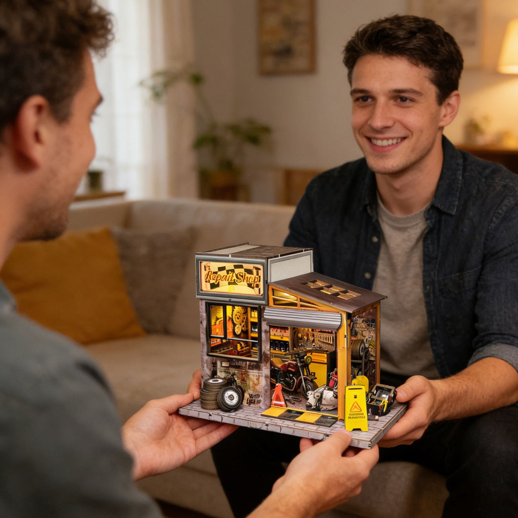 Music Park - 3d wooden puzzle for adults Moto Repair Garage book nook with lights model kit dollhouse DIY miniature house Birthday and Christmas gifts