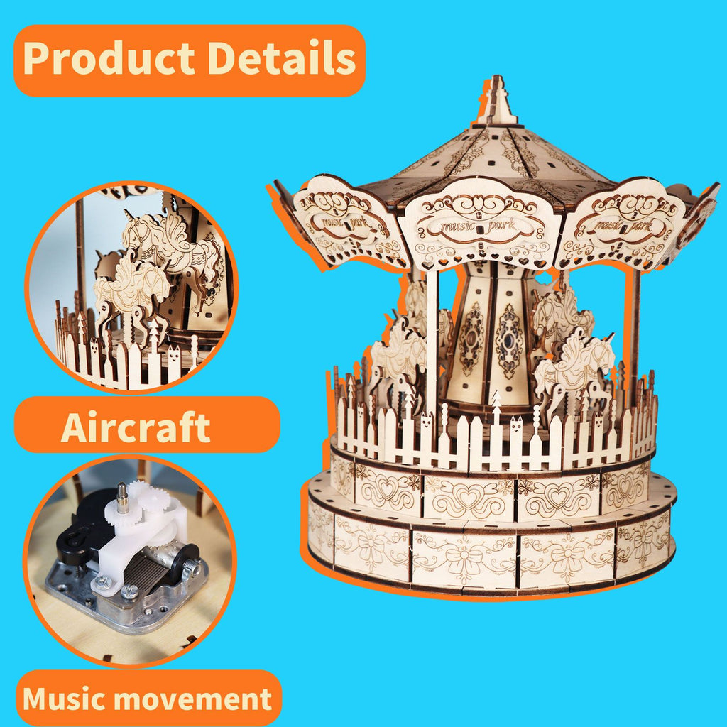 Music Park - 3d Wooden Puzzle Carousel Music Box Handmade Assembly Model Kit Holidays Birthdays Christmas Gifts