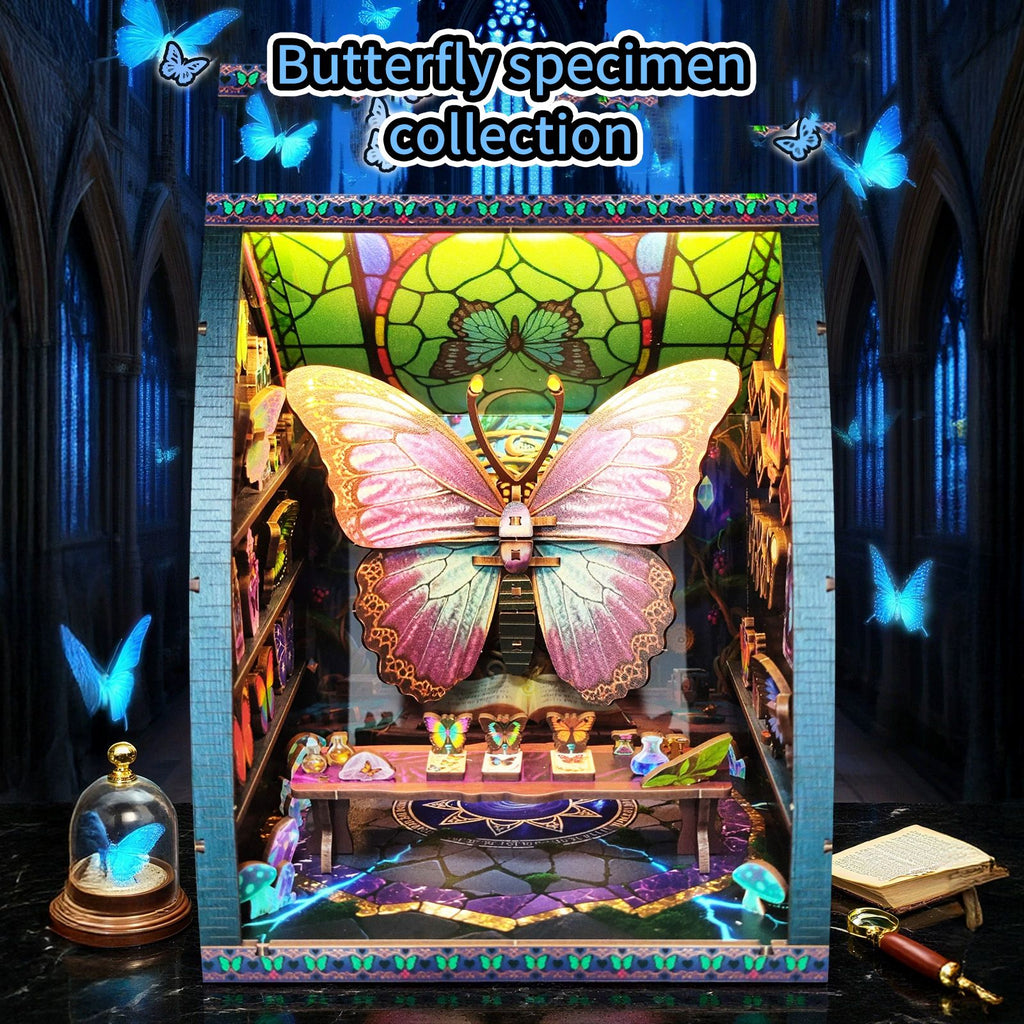 Music Park - 3d wooden puzzle for adults Butterfly Specimen Museum book nook with lights model kit dollhouse DIY miniature house Birthday and Christmas gifts