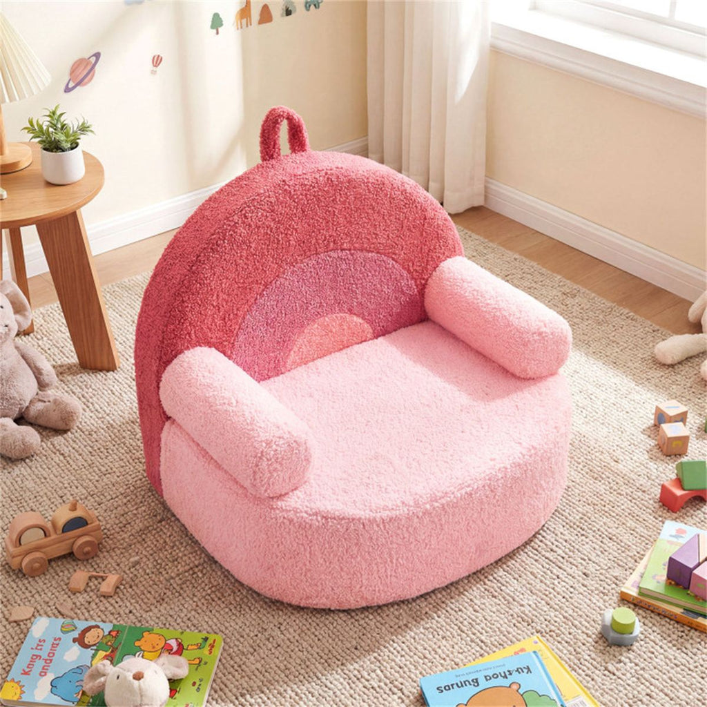 inQ Boutique - Pink Kids Sofa, Soft Teddy Fleece Foam Couch with Carry Handle & Removable Machine-Washable Cover