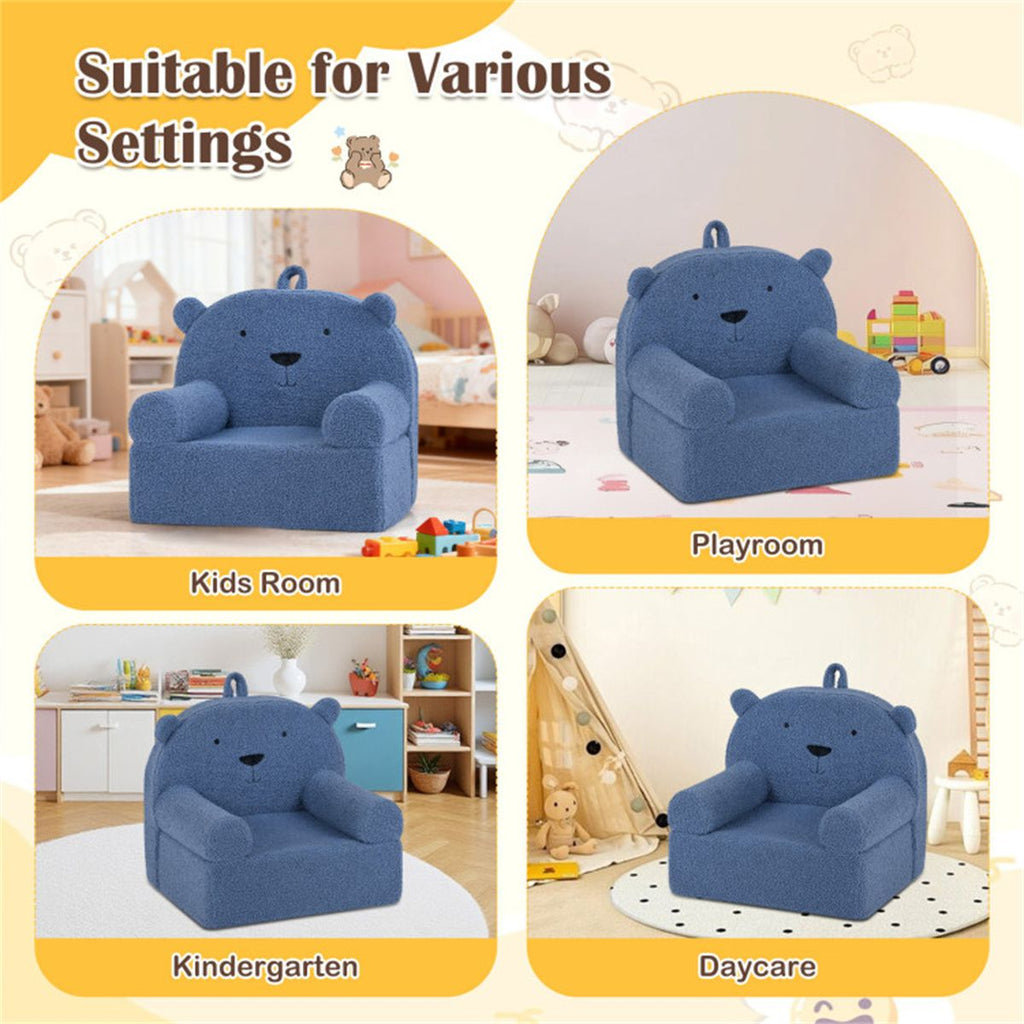 inQ Boutique - Bear-Shaped Kids Sofa, Teddy Fleece Foam Chair for Toddlers 3+, Portable Bear-Shaped Couch (Navy)
