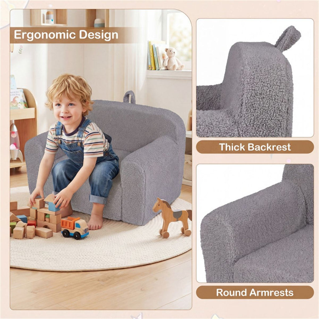 inQ Boutique - Kids Foam Sofa Chair with Teddy Fleece Fabric, Lightweight Portable Toddler Couch for Ages 3+ (Gray)