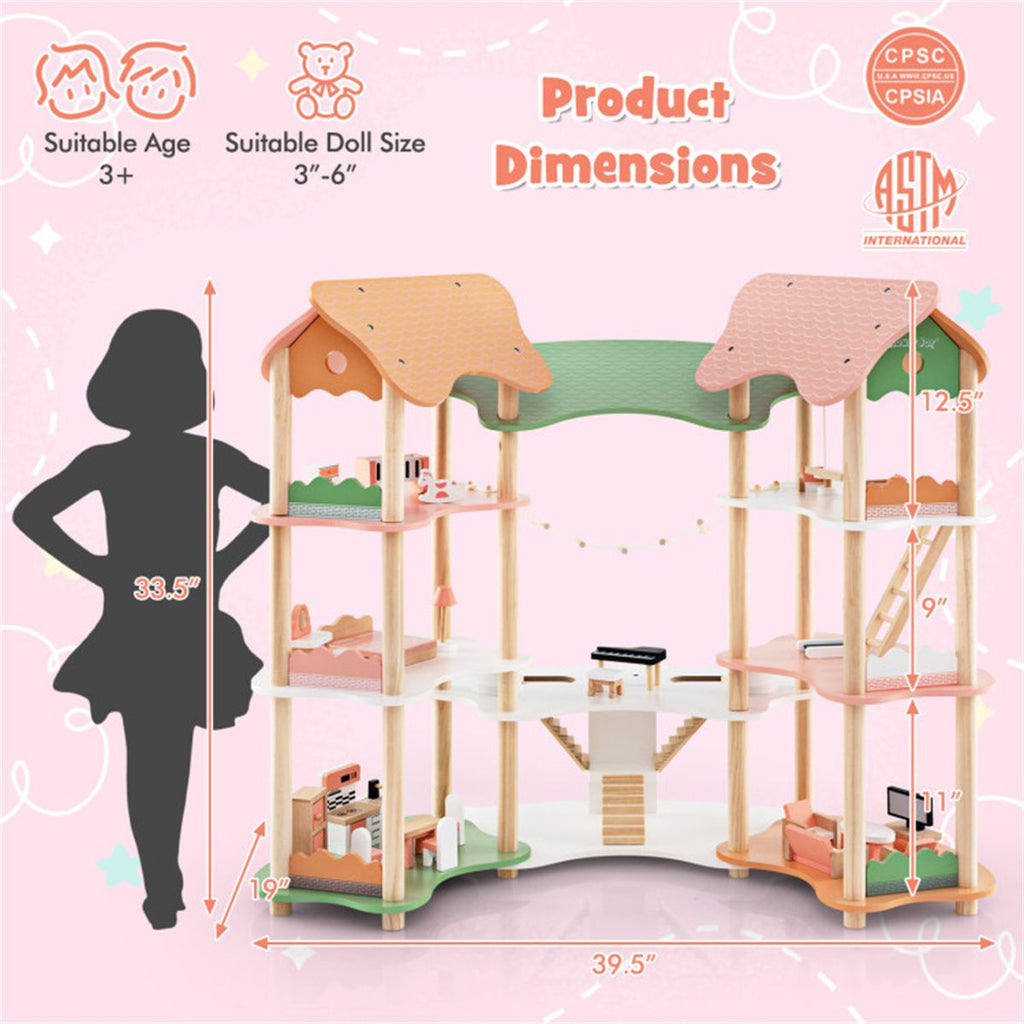inQ Boutique - 3-Tier Dollhouse with 7 Rooms & 31 Cute Furniture, MDF+Pine Wood Corner Design Kids Toy