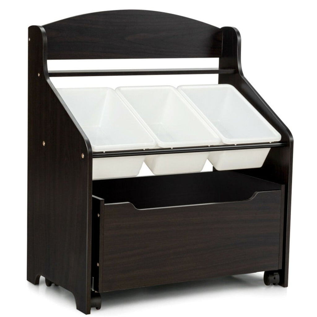 inQ Boutique - Dark Brown Multifunctional Kids Storage Cabinet with Large Capacity Toy Box and Display Shelf, Safe Rounded Corner Children Organizer for Toys Books