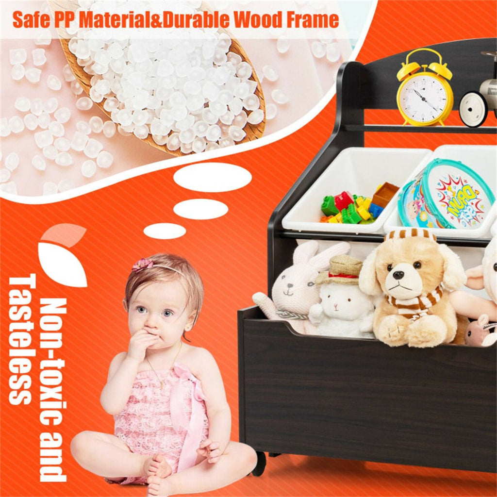 inQ Boutique - Dark Brown Multifunctional Kids Storage Cabinet with Large Capacity Toy Box and Display Shelf, Safe Rounded Corner Children Organizer for Toys Books