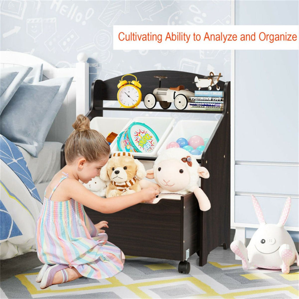 inQ Boutique - Dark Brown Multifunctional Kids Storage Cabinet with Large Capacity Toy Box and Display Shelf, Safe Rounded Corner Children Organizer for Toys Books