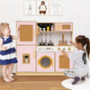 inQ Boutique - Kids Wooden Kitchen Playset 3+ with Fridge Sink Washing Machine with Realistic Light Sound Rattan Doors - Pink